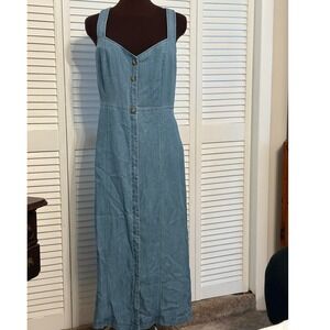 LOFT Denim Midi Dress Light Wash Chambray Button Front Crisscross Back Size 8
